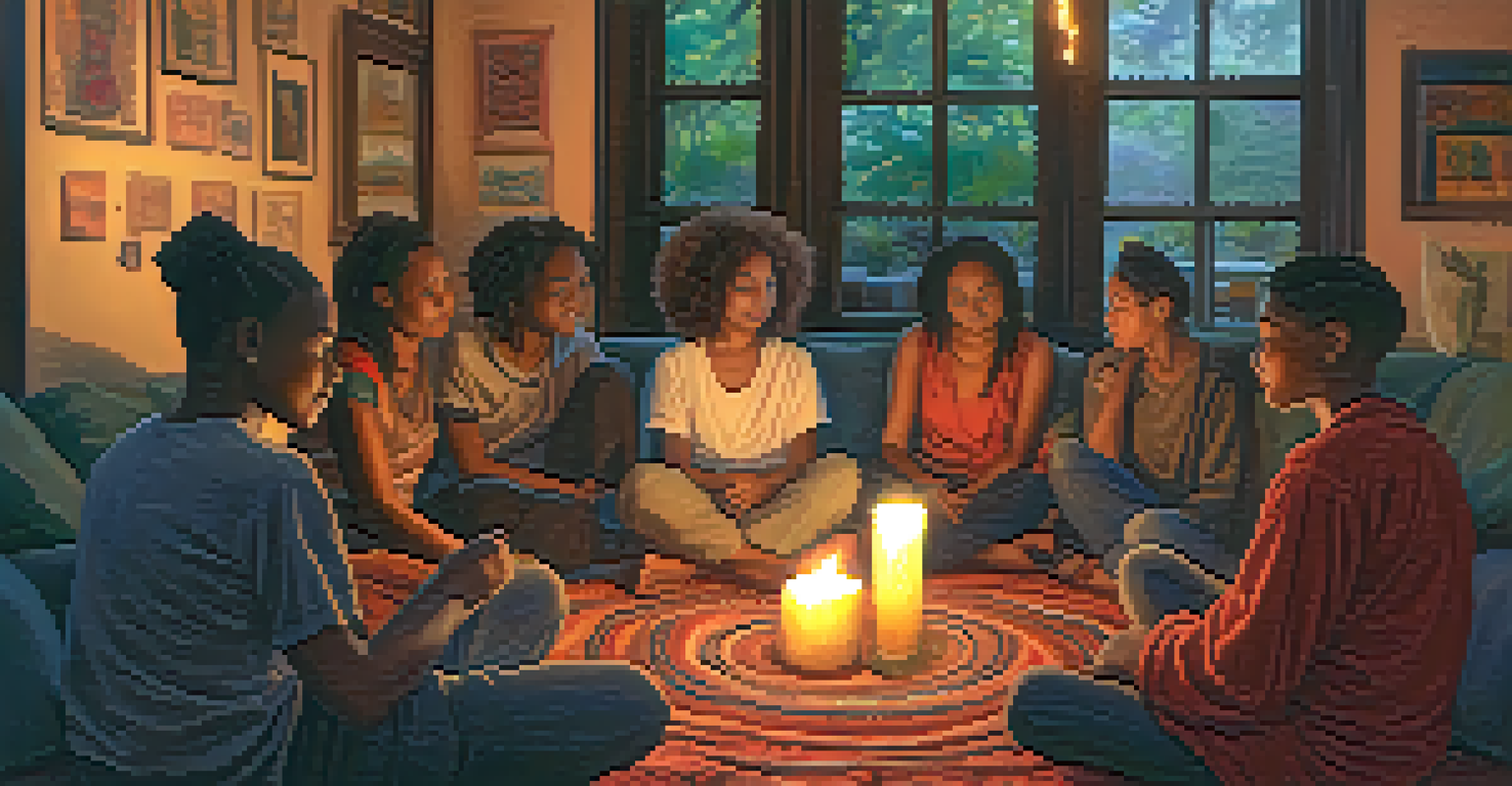 Participants in a candlelit integration circle sharing their experiences, surrounded by colorful textiles and a warm, supportive atmosphere.