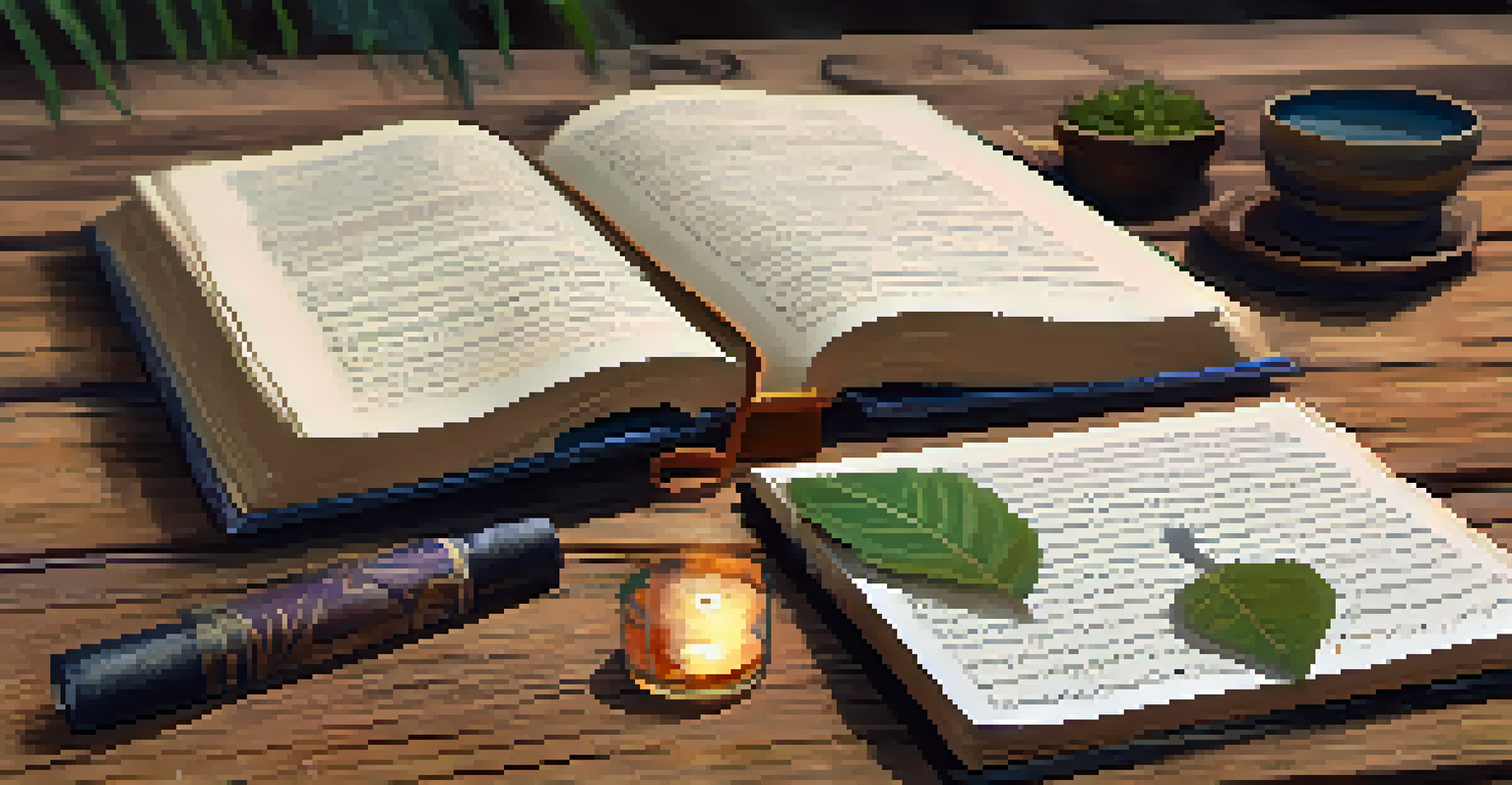 A close-up of an open journal with handwritten notes and a cup of herbal tea on a wooden table.