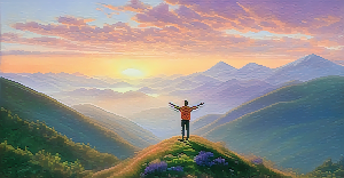 A person standing on a mountaintop at sunrise, arms outstretched, surrounded by a colorful sky and green landscape.