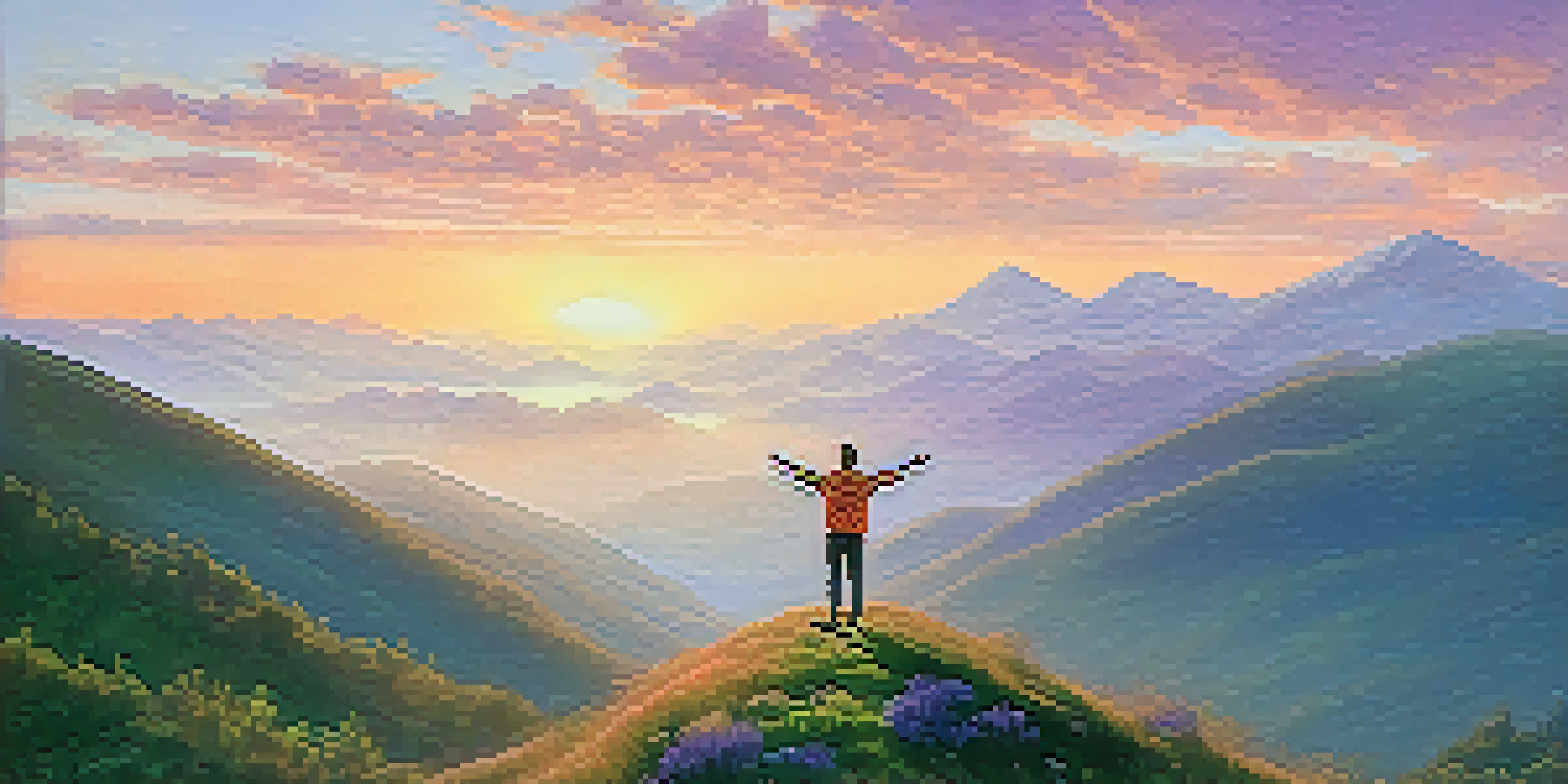 A person standing on a mountaintop at sunrise, arms outstretched, surrounded by a colorful sky and green landscape.