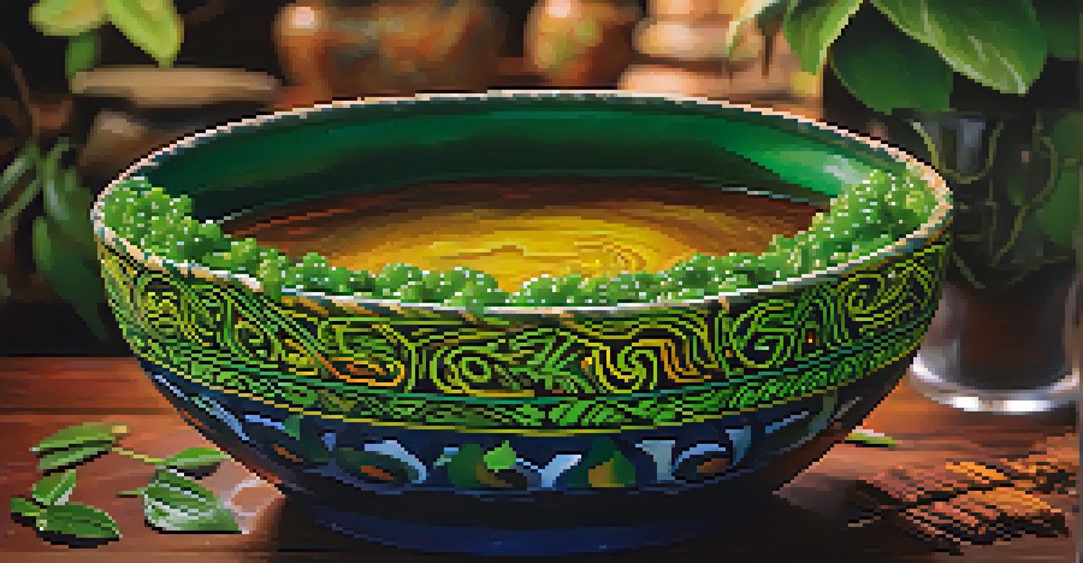 A close-up view of ayahuasca brew in a ceramic bowl against a blurred backdrop of the Amazon rainforest.