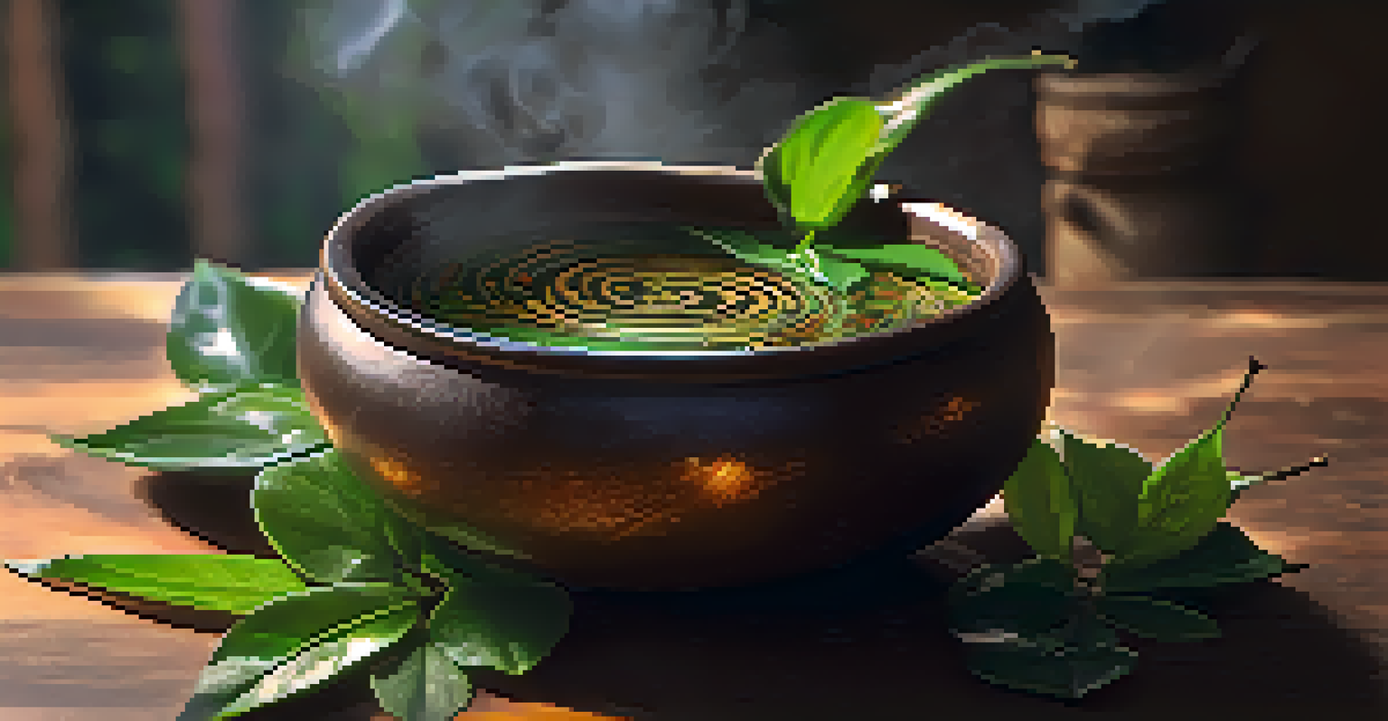 A close-up of ayahuasca brew in a ceramic bowl with steam rising, accompanied by fresh leaves of the plants used in its preparation.