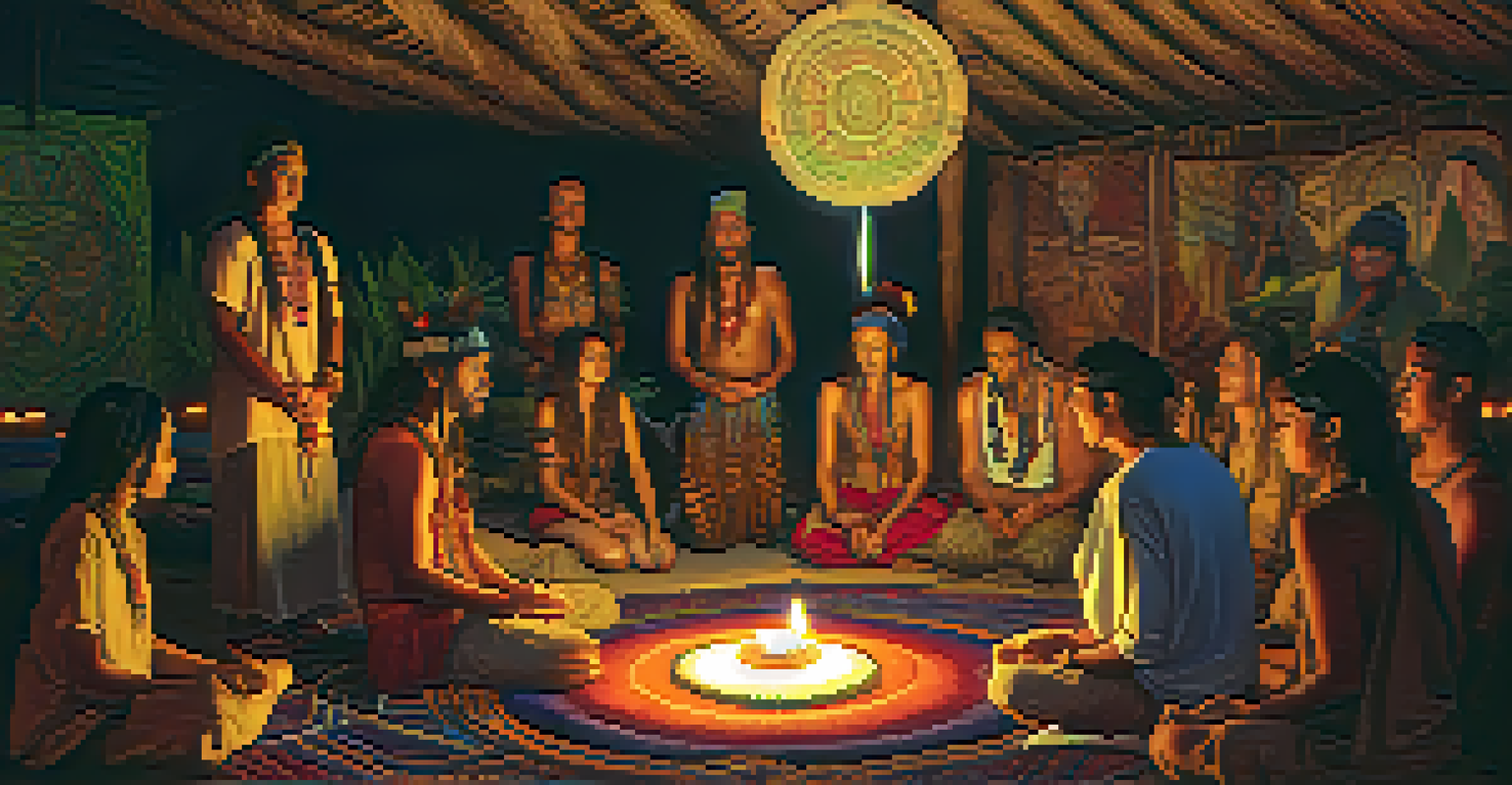 An Ayahuasca ceremony with participants on mats and a shaman singing in a dimly lit room.