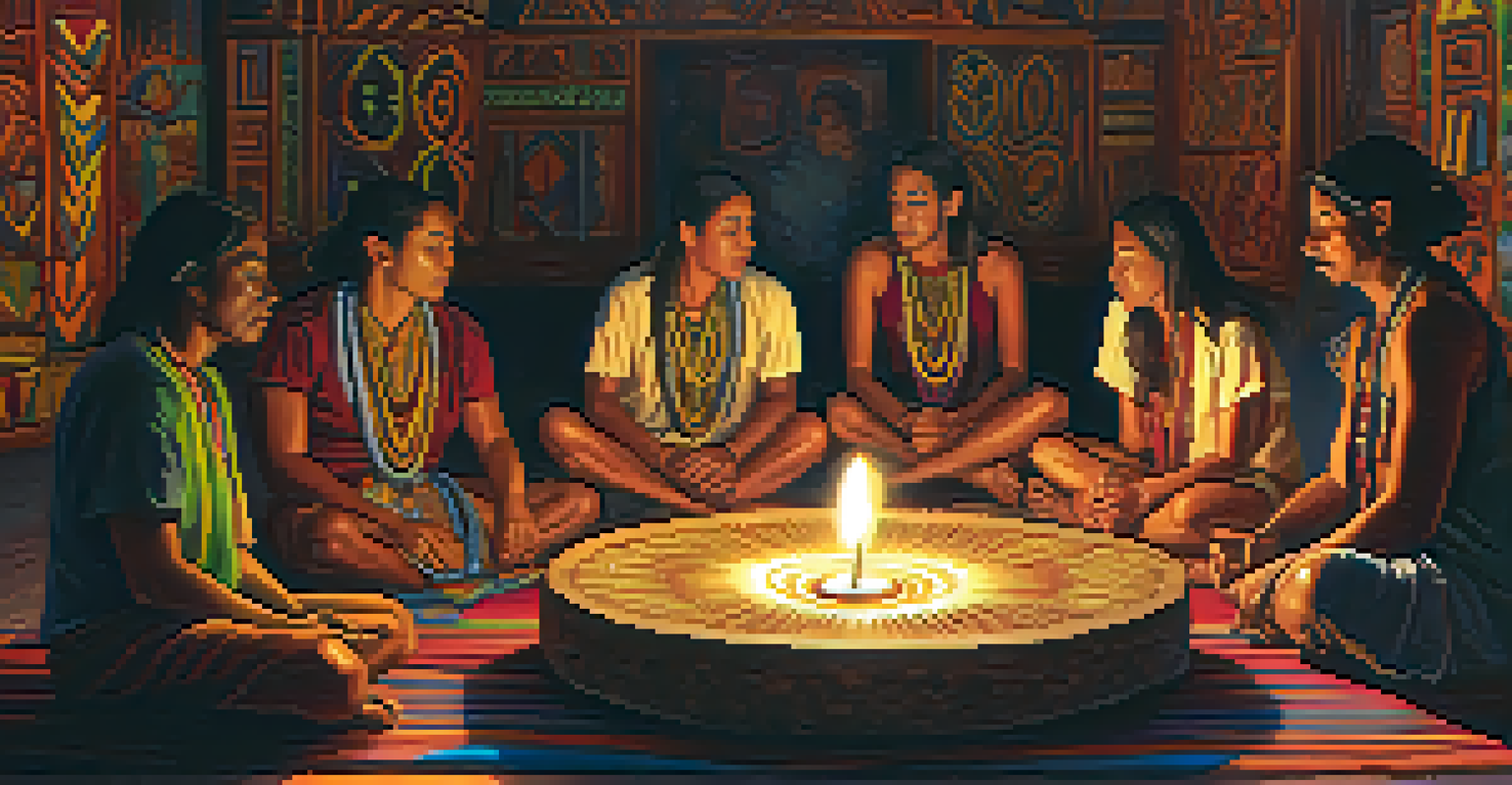 A ceremonial scene with participants in a circle during an ayahuasca ceremony, illuminated by candlelight.