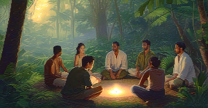 A group of diverse individuals sitting in a circle in a jungle at dusk, discussing and connecting with each other.