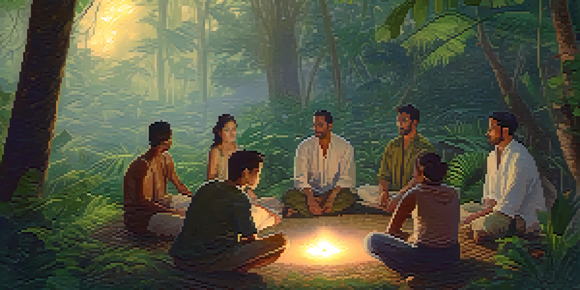 A group of diverse individuals sitting in a circle in a jungle at dusk, discussing and connecting with each other.
