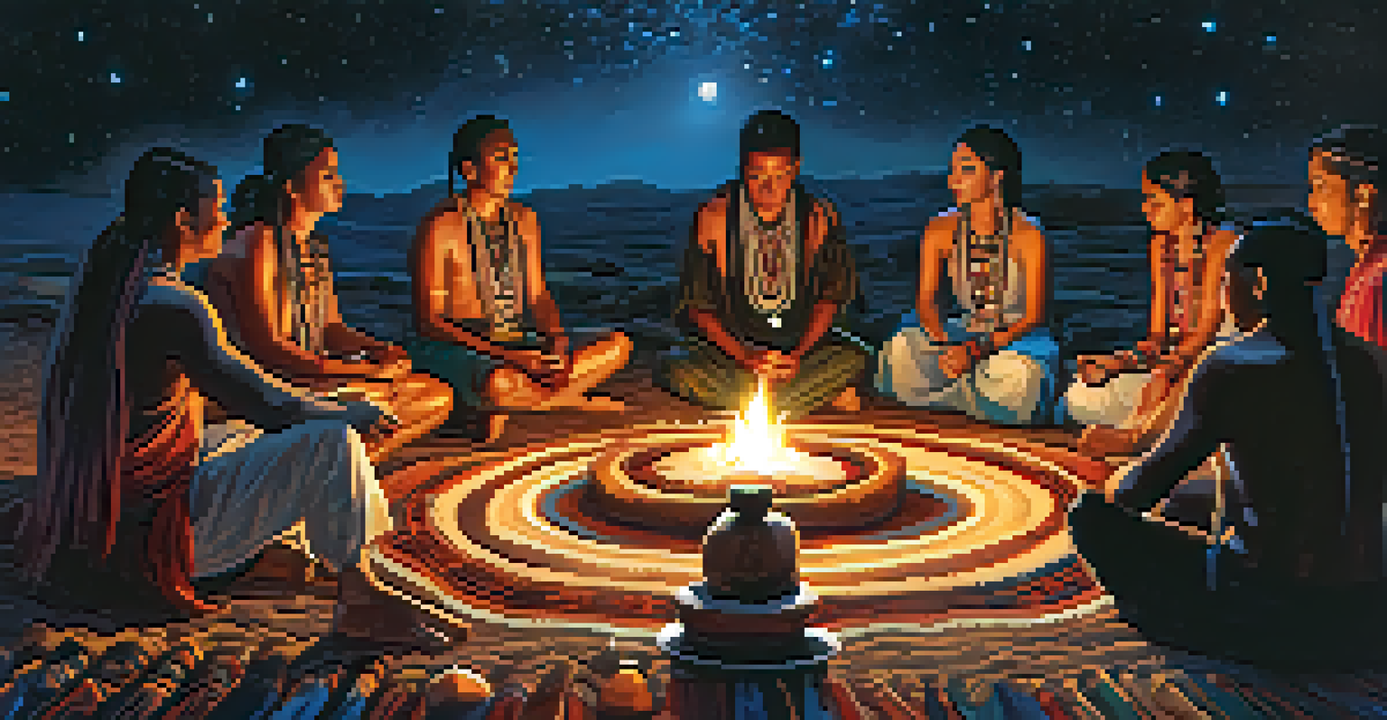 A diverse group in a circle at an Ayahuasca ceremony under a starry sky, with a shaman leading the ritual.