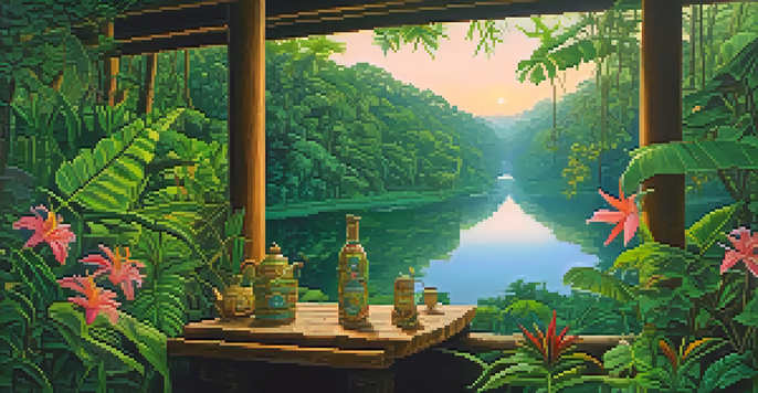 A peaceful Amazon rainforest at dawn with a river, lush green plants, colorful flowers, and a traditional ayahuasca brew setup.