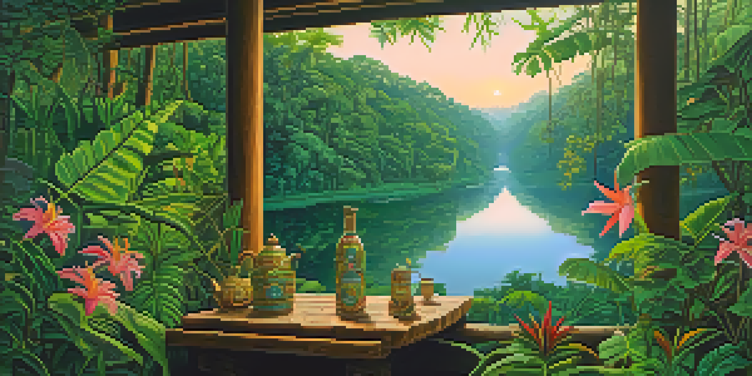 A peaceful Amazon rainforest at dawn with a river, lush green plants, colorful flowers, and a traditional ayahuasca brew setup.