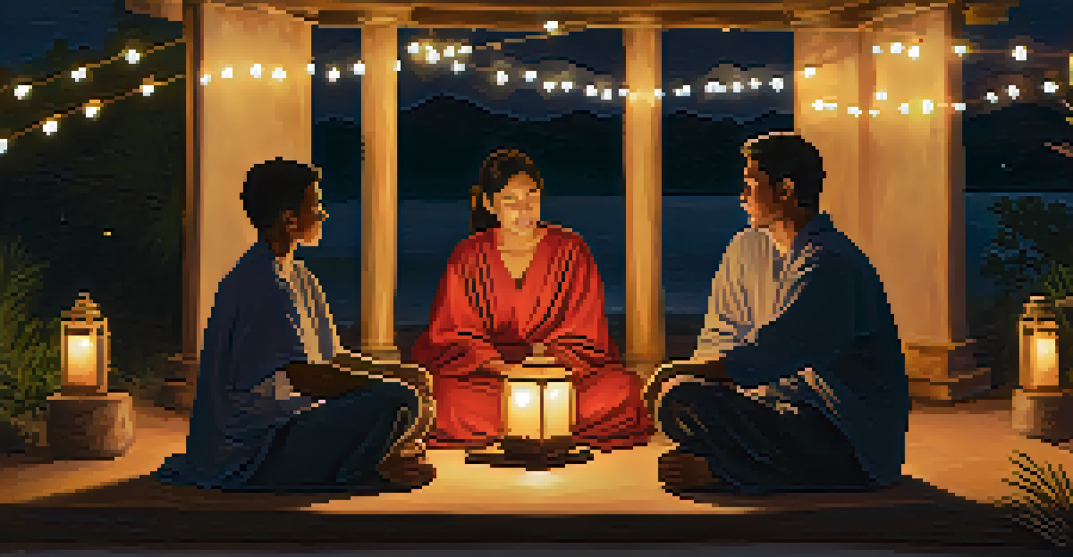 Participants sharing their experiences after an Ayahuasca ceremony under a starry sky, illuminated by warm lanterns.