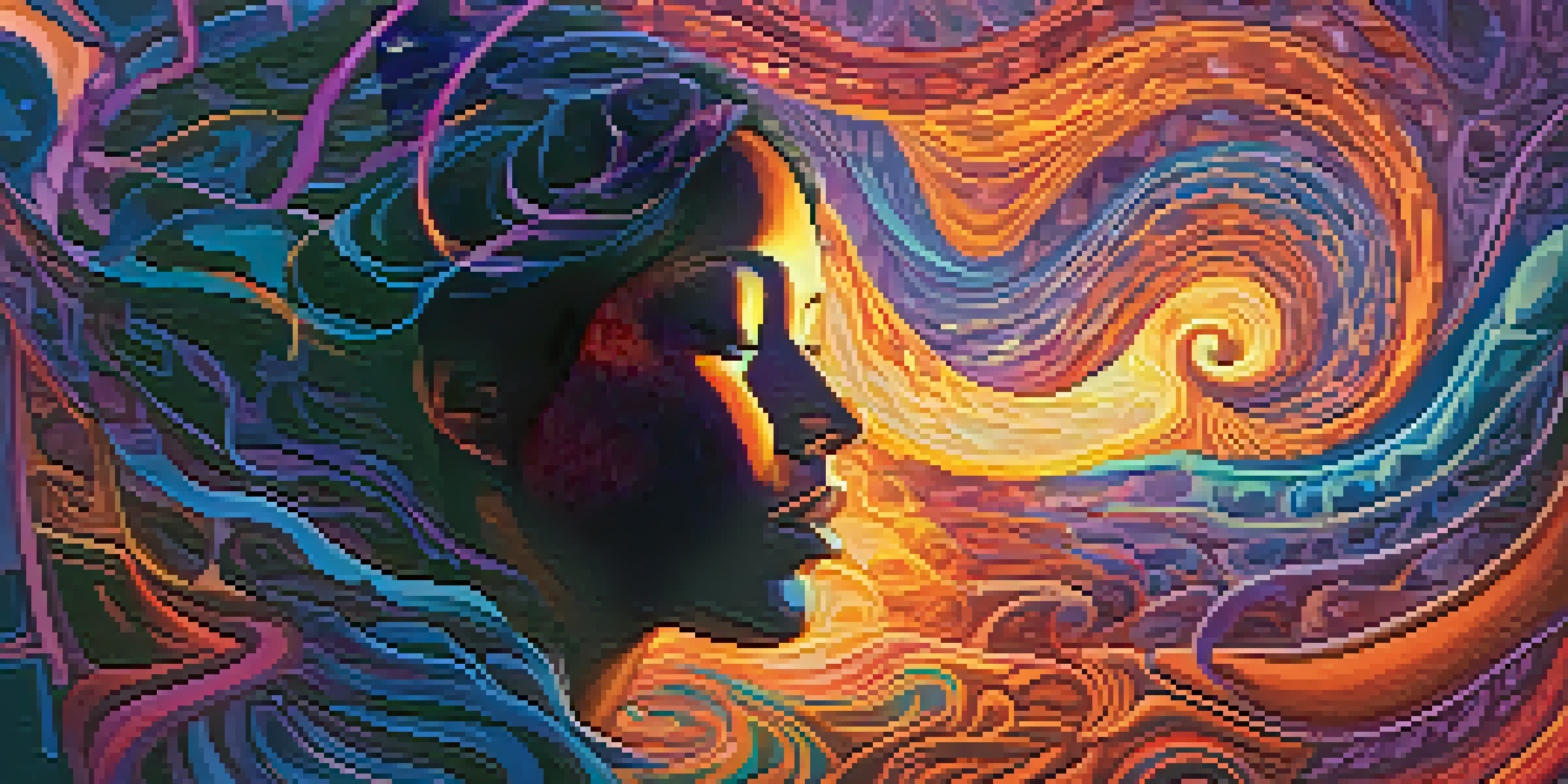 An abstract depiction of a person's inner journey during an Ayahuasca experience, with vibrant colors and swirling shapes.