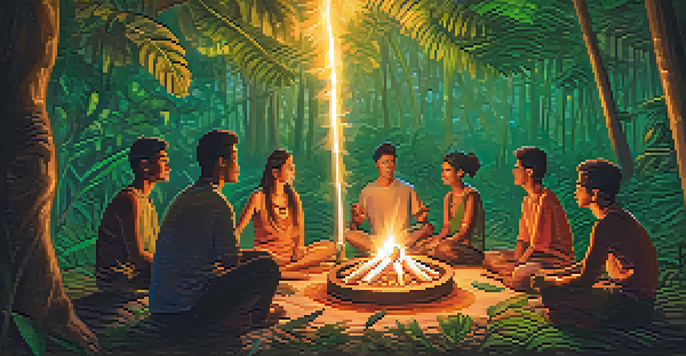 A group of people sitting in a circle around a glowing fire in a dense Amazon rainforest, engaged in a traditional Ayahuasca ceremony, with lush greenery and mist in the background.