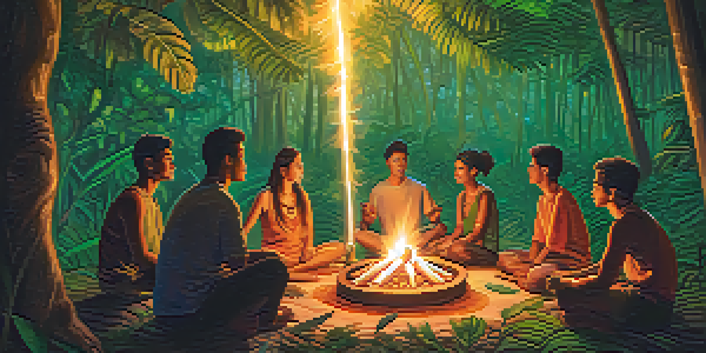 A group of people sitting in a circle around a glowing fire in a dense Amazon rainforest, engaged in a traditional Ayahuasca ceremony, with lush greenery and mist in the background.