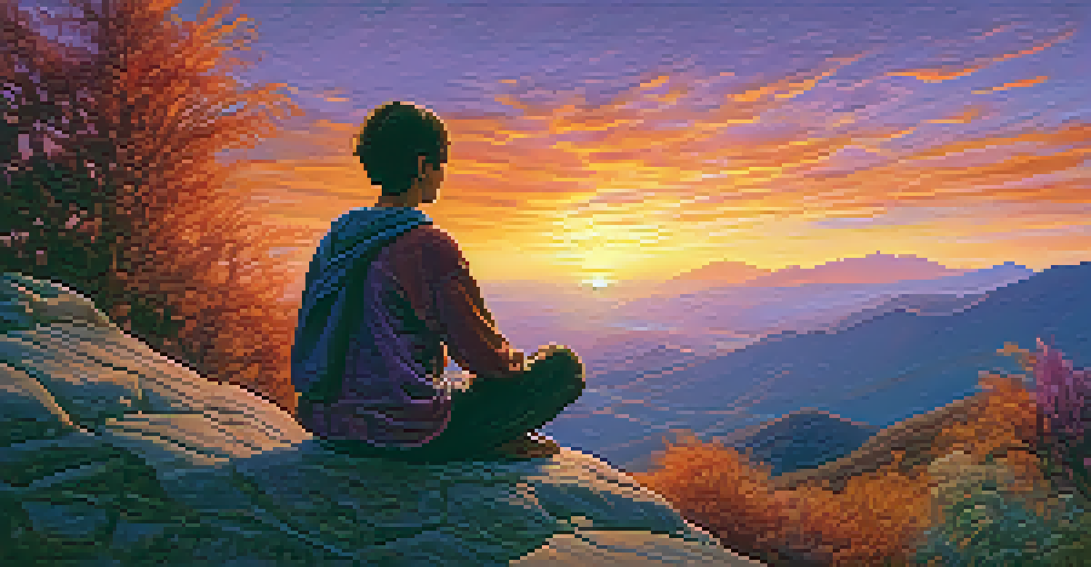 A person in deep introspection on a mountaintop at sunset, surrounded by swirling patterns of light that symbolize their inner journey.