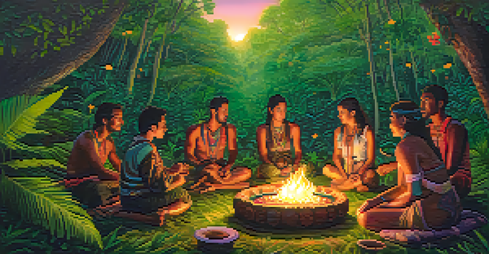 A group of people engaged in a calm Ayahuasca ceremony in a lush forest, surrounded by greenery and a gentle fire that illuminates their faces.