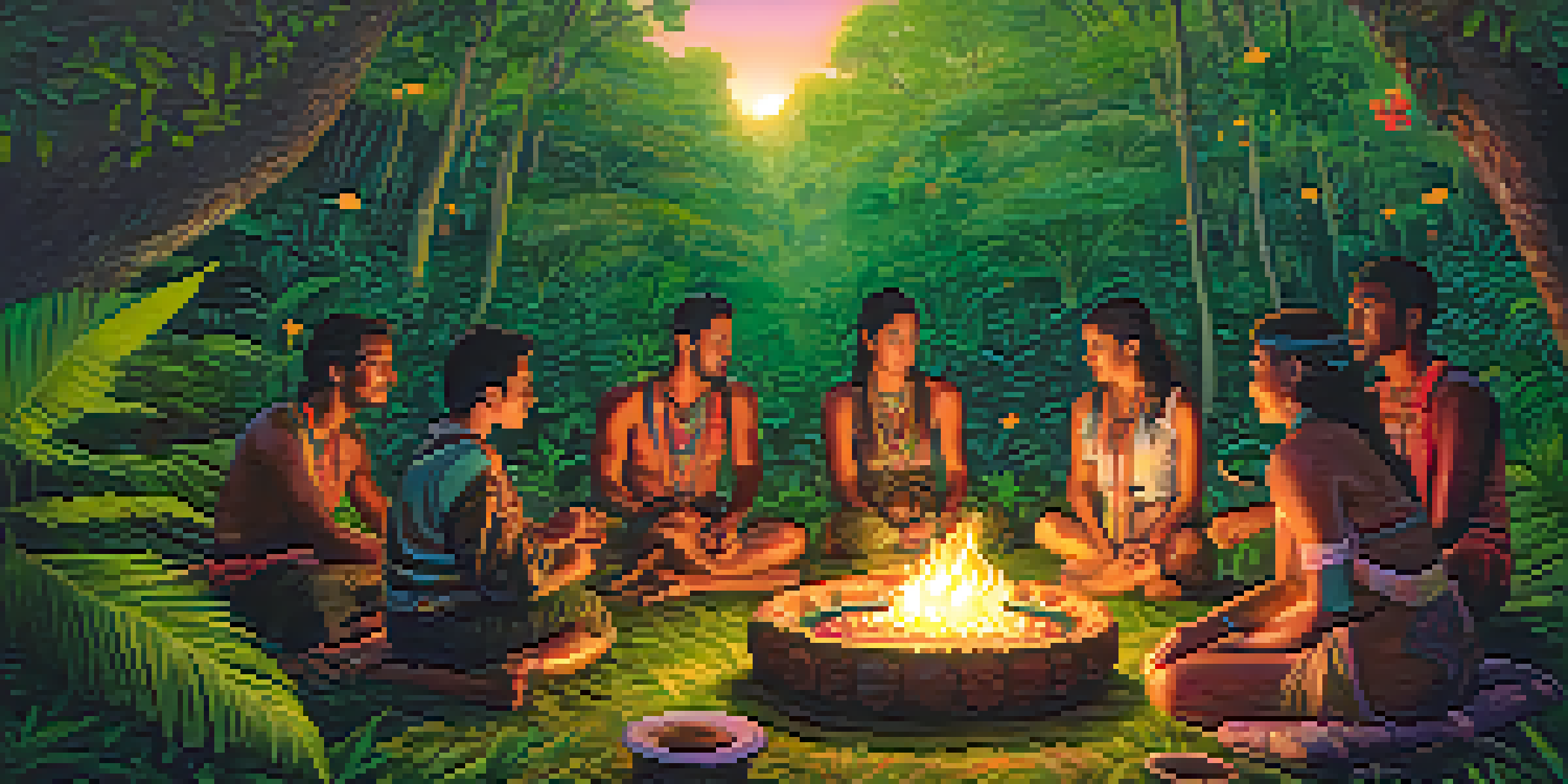 A group of people engaged in a calm Ayahuasca ceremony in a lush forest, surrounded by greenery and a gentle fire that illuminates their faces.