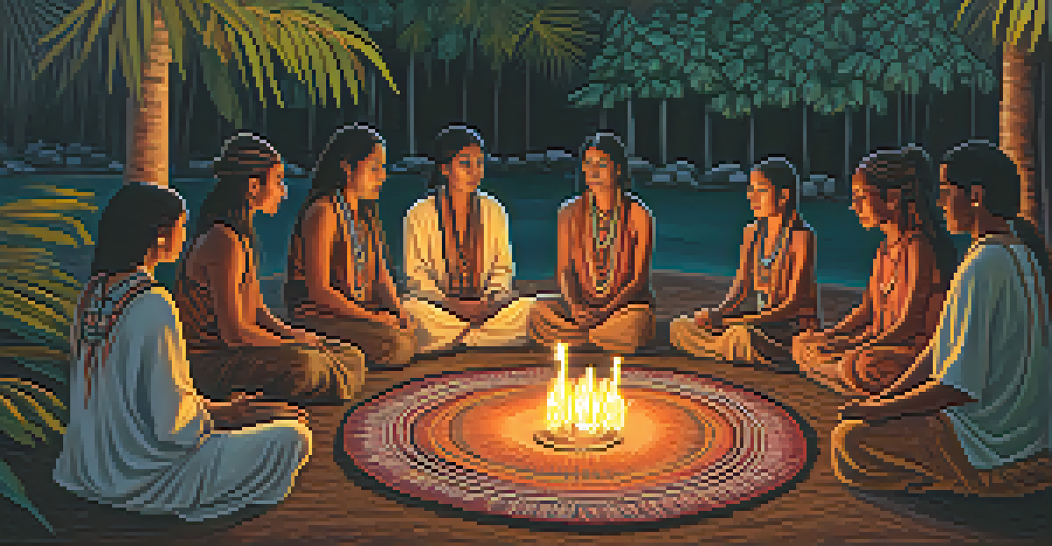 An Ayahuasca ceremony at night with participants in a circle around a fire, surrounded by candles and traditional textiles creating a warm atmosphere.