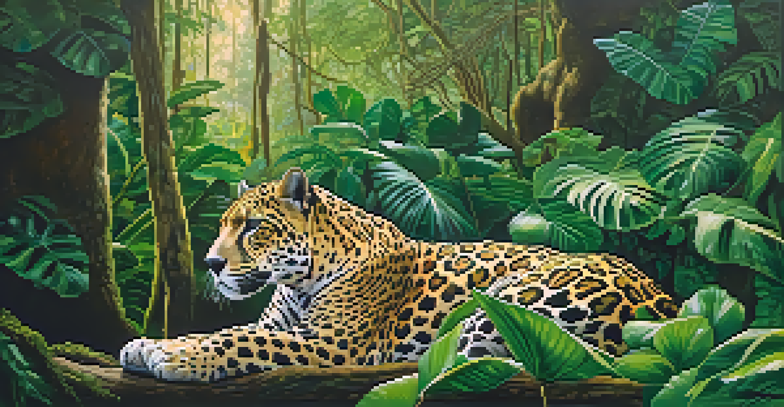 A majestic jaguar in a green rainforest, surrounded by lush foliage and sunlight, showcasing its vibrant coat.