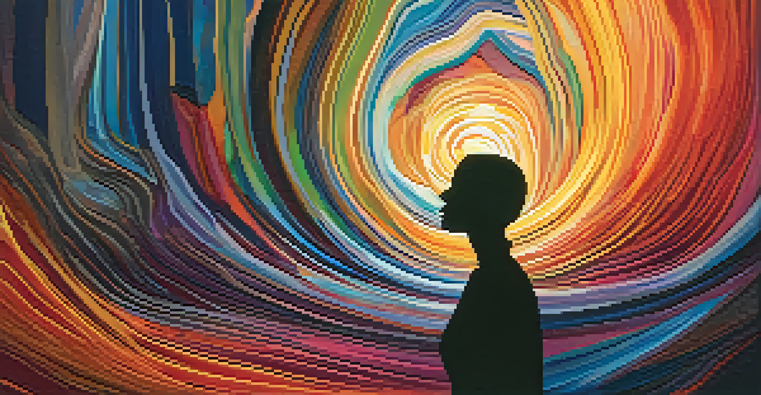 An abstract illustration of self-discovery with a silhouette standing amidst colorful swirls representing a journey of transformation.
