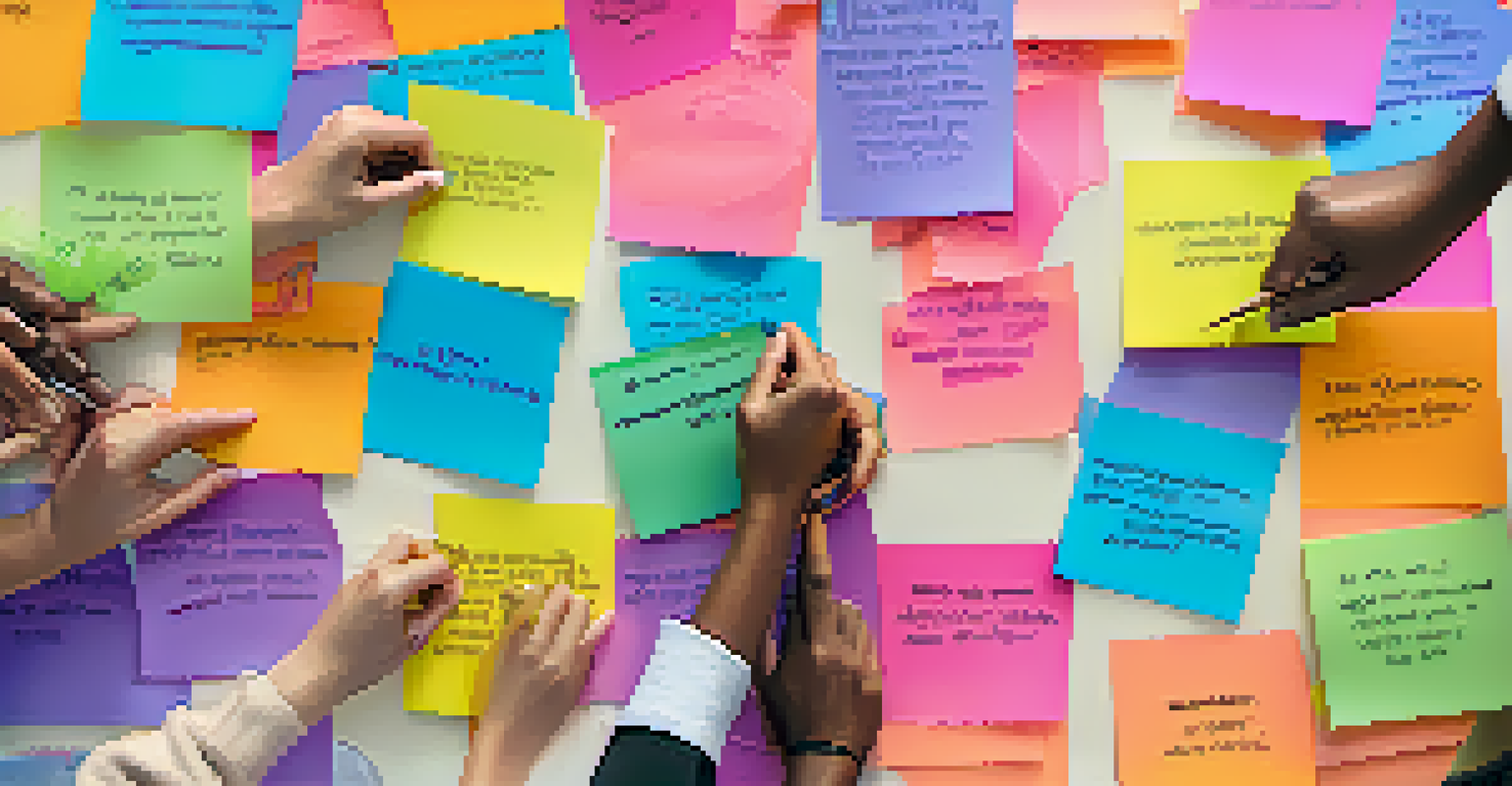 Close-up of hands holding colorful sticky notes with positive messages in a supportive integration circle environment.