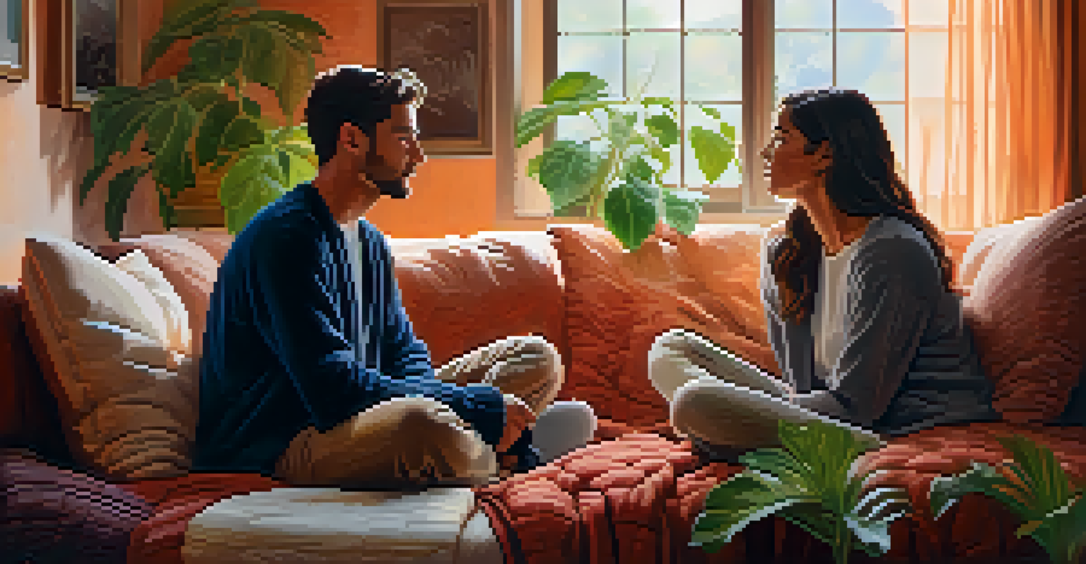 A couple in a warm, cozy room having a deep conversation, surrounded by soft lighting and plants.