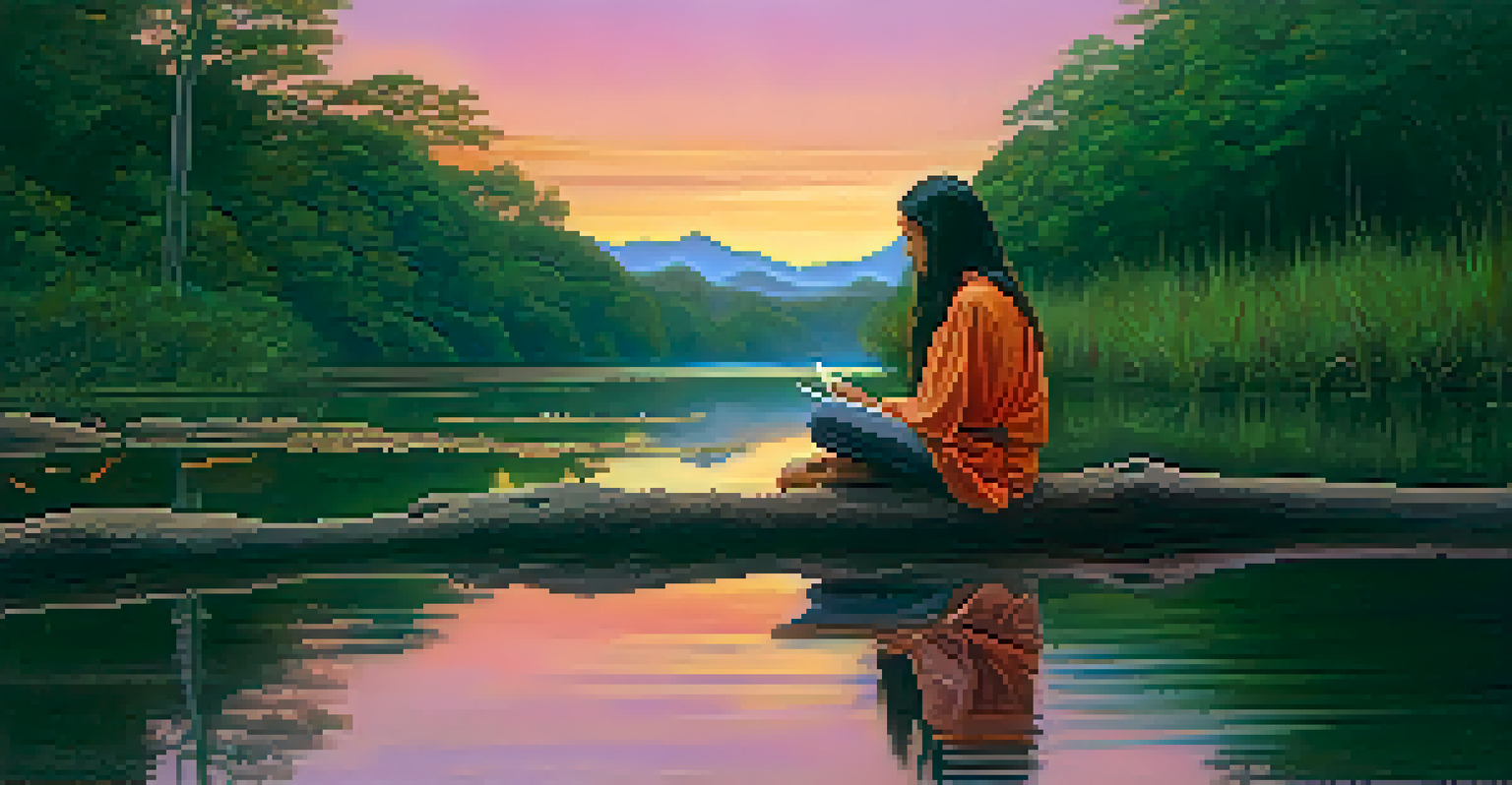 An individual journaling by a calm river at sunset, reflecting on their ayahuasca experience surrounded by nature.