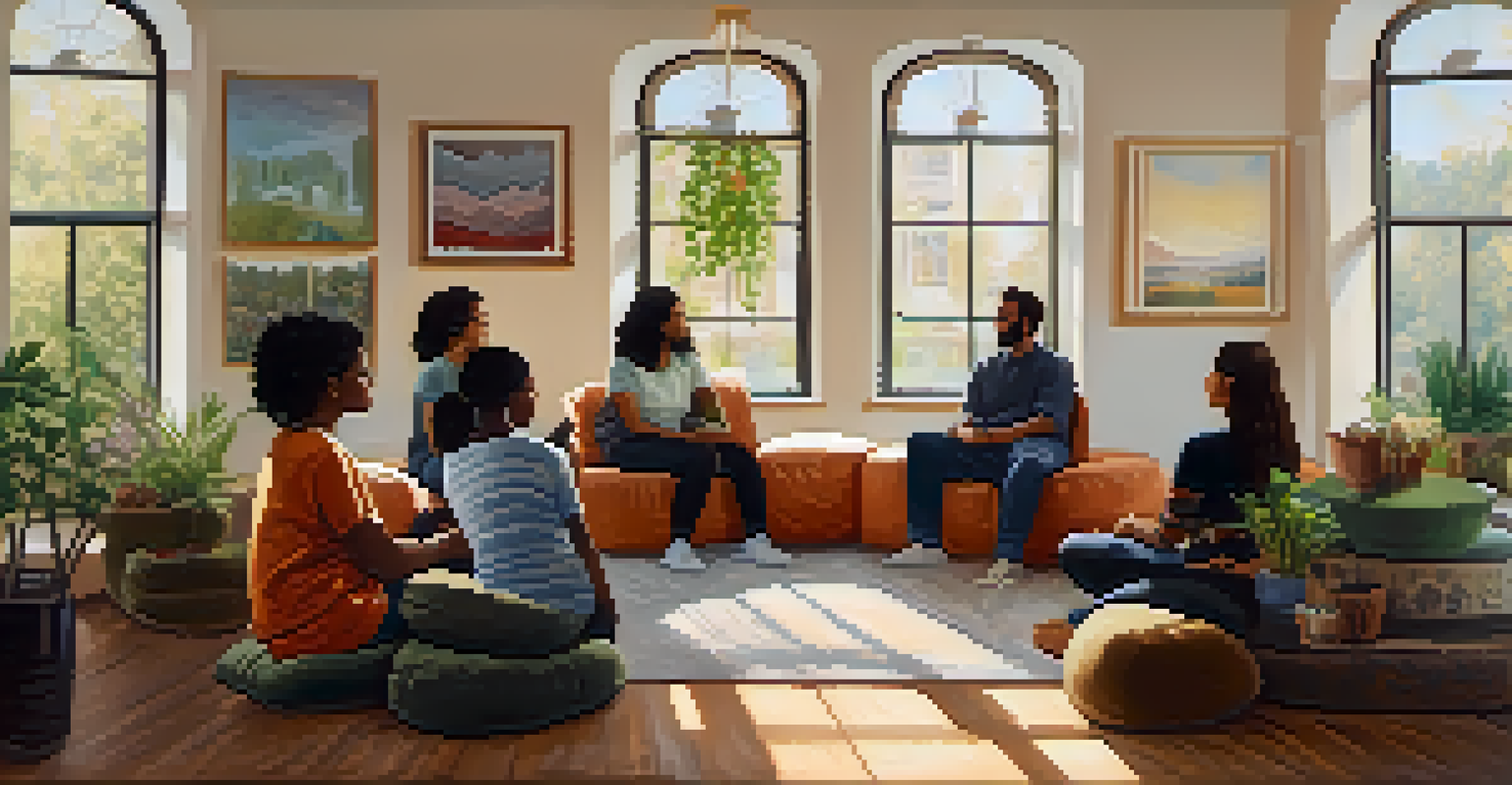 A cozy integration session with participants sharing experiences in a sunlit room, promoting community and healing.