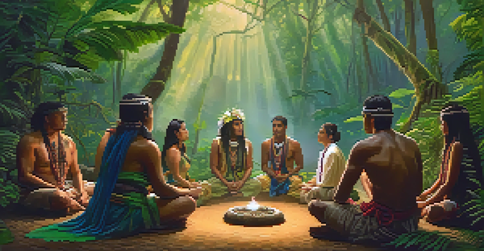 A peaceful scene of an Ayahuasca ceremony in the Amazon rainforest, showcasing participants in a circle and a shaman leading the event.