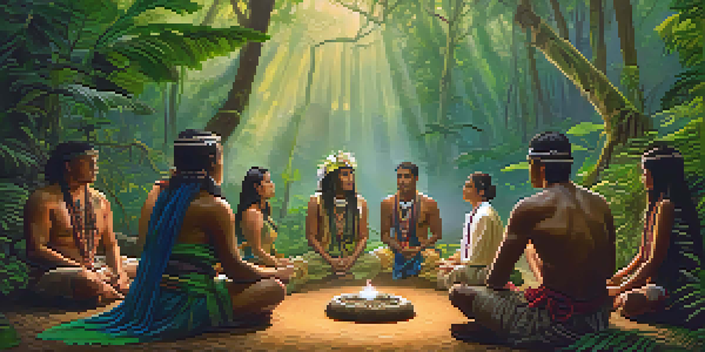 A peaceful scene of an Ayahuasca ceremony in the Amazon rainforest, showcasing participants in a circle and a shaman leading the event.