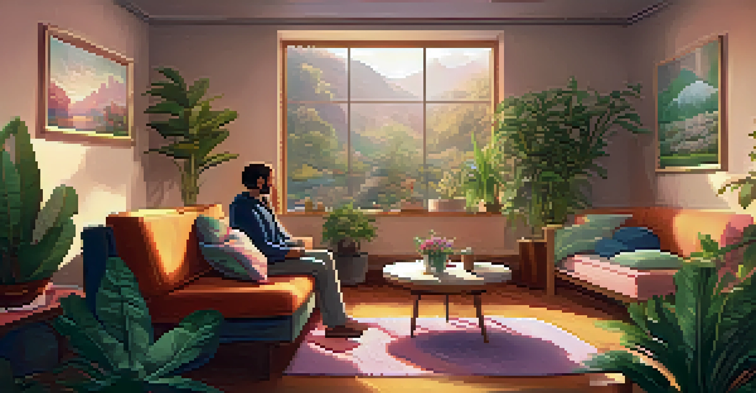 A cozy therapy room for LSD-assisted therapy, with a therapist guiding a participant amidst soft lighting and calming decor.