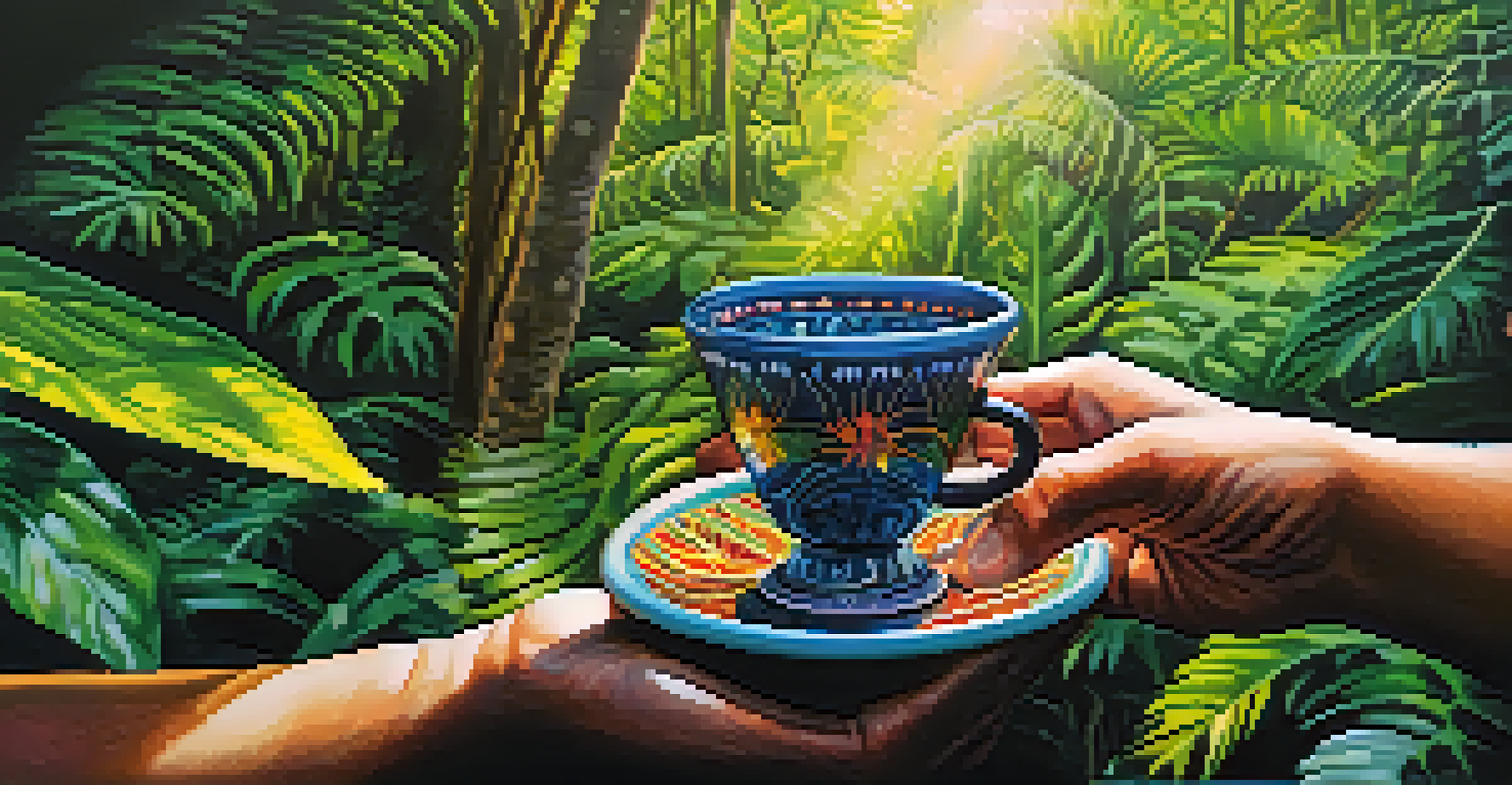 Close-up of hands holding a cup of Ayahuasca brew with jungle plants blurred in the background.