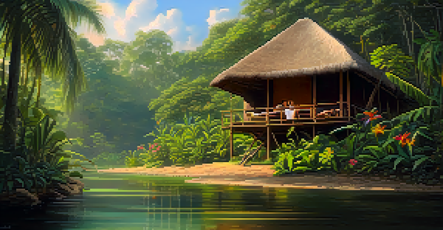 A peaceful Amazon retreat with participants discussing their Ayahuasca experiences in a cozy open-air hut surrounded by nature.