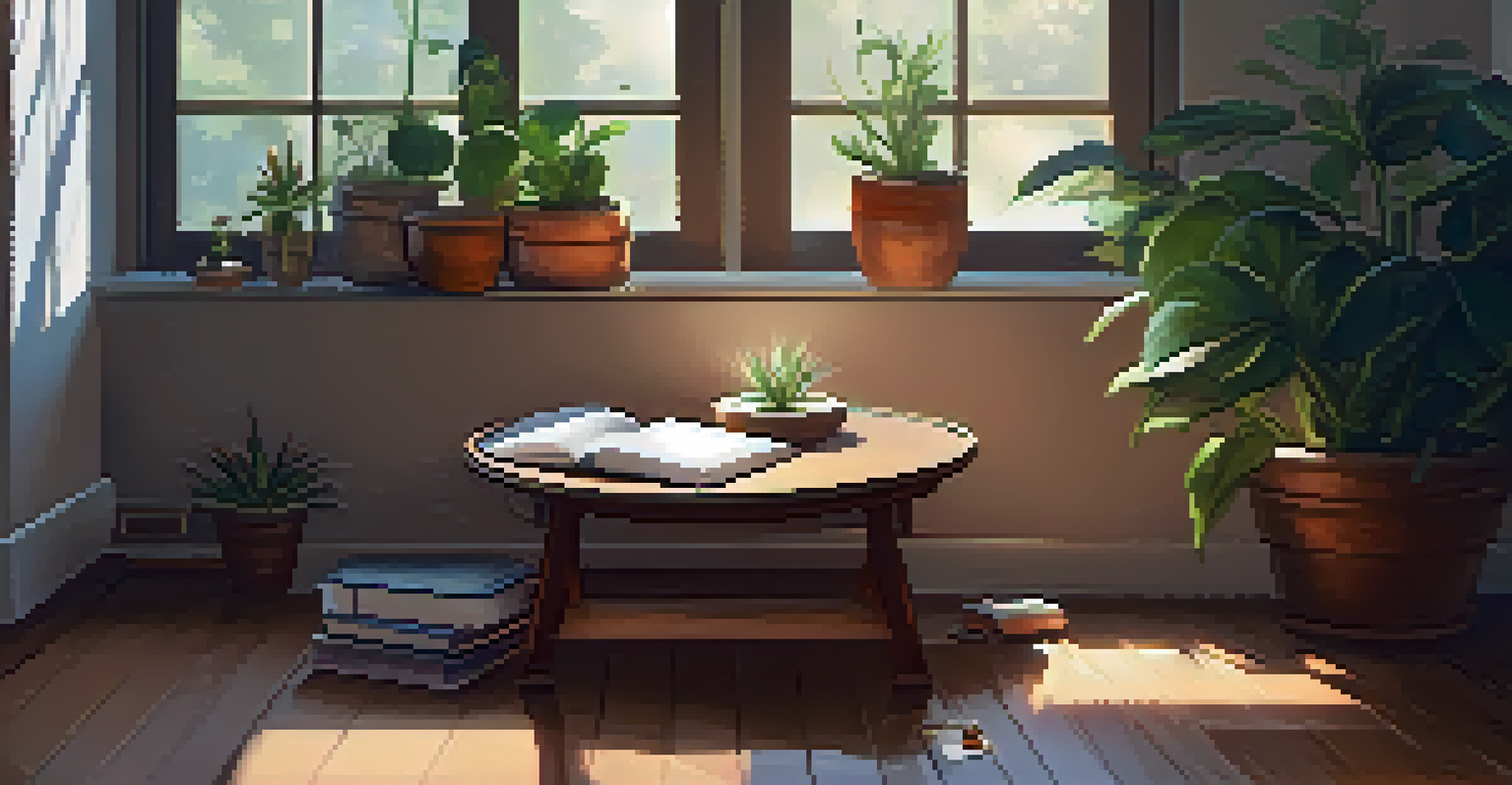 A cozy meditation space with a cushion, plants, and a journal.
