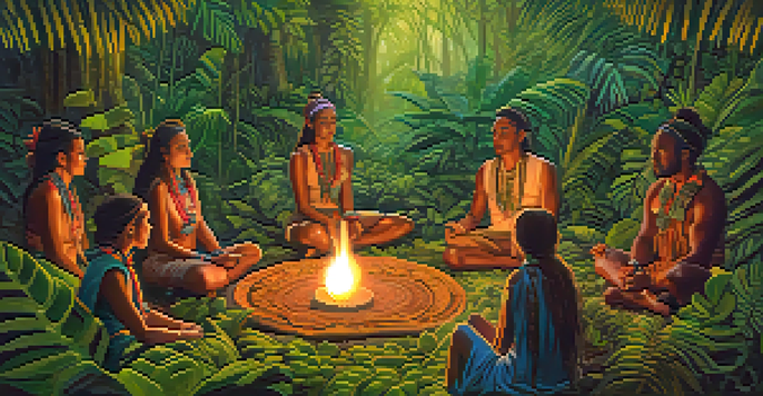A peaceful ayahuasca ceremony in a jungle, with a shaman and participants sitting in a circle among vibrant plants and soft candlelight.