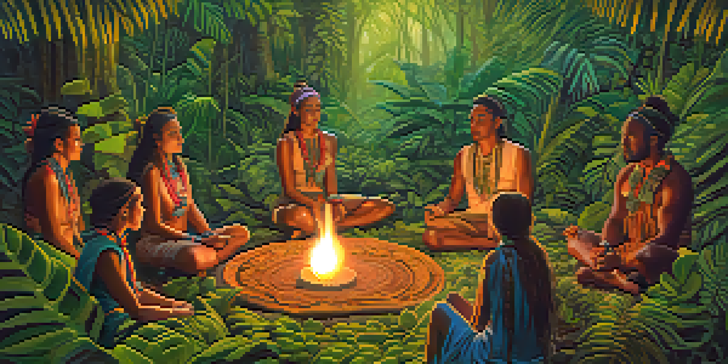 A peaceful ayahuasca ceremony in a jungle, with a shaman and participants sitting in a circle among vibrant plants and soft candlelight.