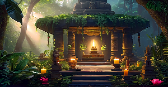 A peaceful Amazonian jungle at dawn with mist, featuring a shamanic altar adorned with flowers and candles, bathed in soft golden sunlight.