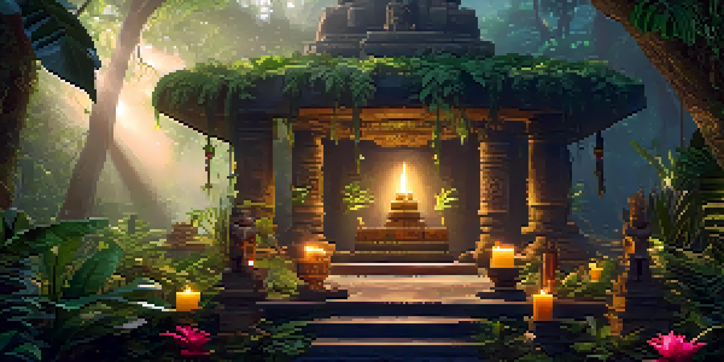 A peaceful Amazonian jungle at dawn with mist, featuring a shamanic altar adorned with flowers and candles, bathed in soft golden sunlight.
