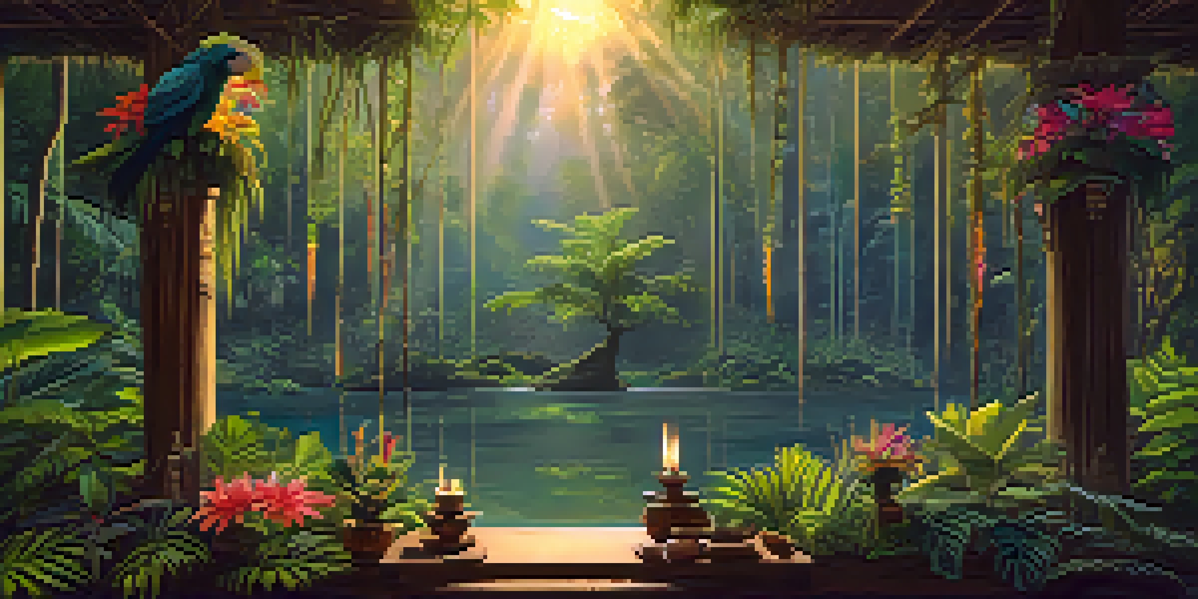 A peaceful Amazon rainforest at dawn with rays of light, featuring a traditional Ayahuasca ceremony setup with a wooden altar and colorful flowers.