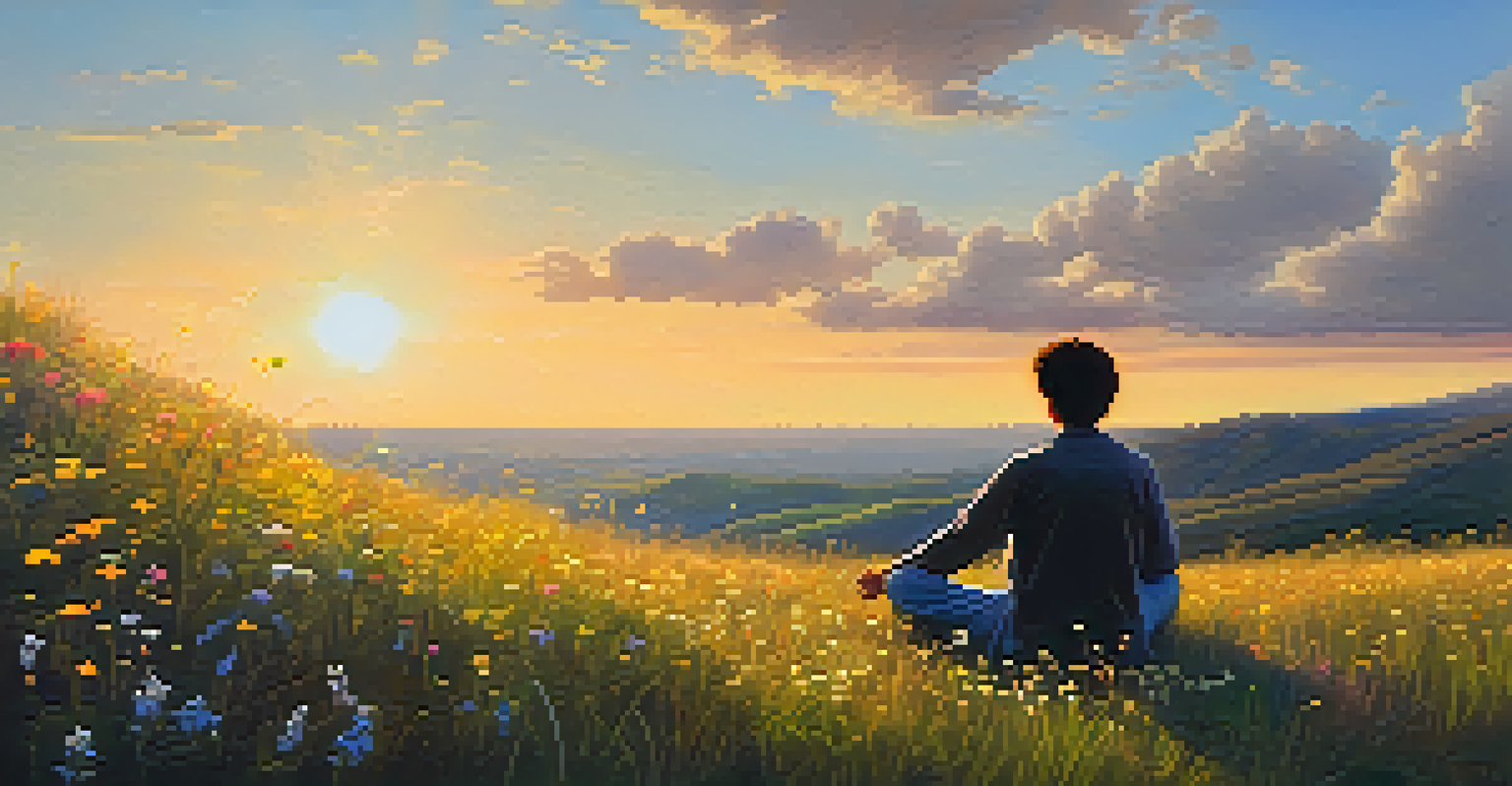 A person meditating on a grassy hill surrounded by wildflowers during sunset.