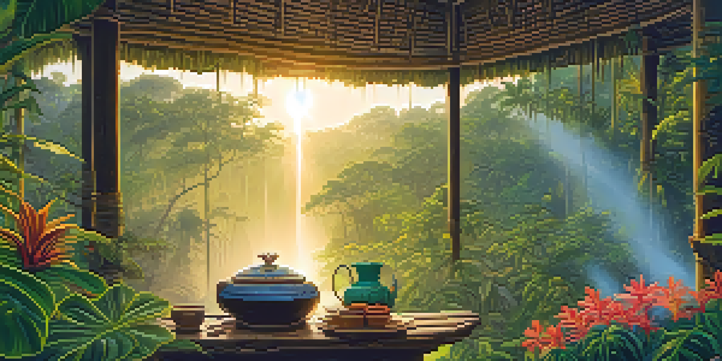 A beautiful Amazon rainforest at sunrise with a traditional Ayahuasca brew on a wooden table amidst colorful flowers.