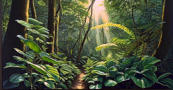 A tranquil scene in the Amazon rainforest featuring intertwined vines and leaves, with sunlight filtering through the trees.
