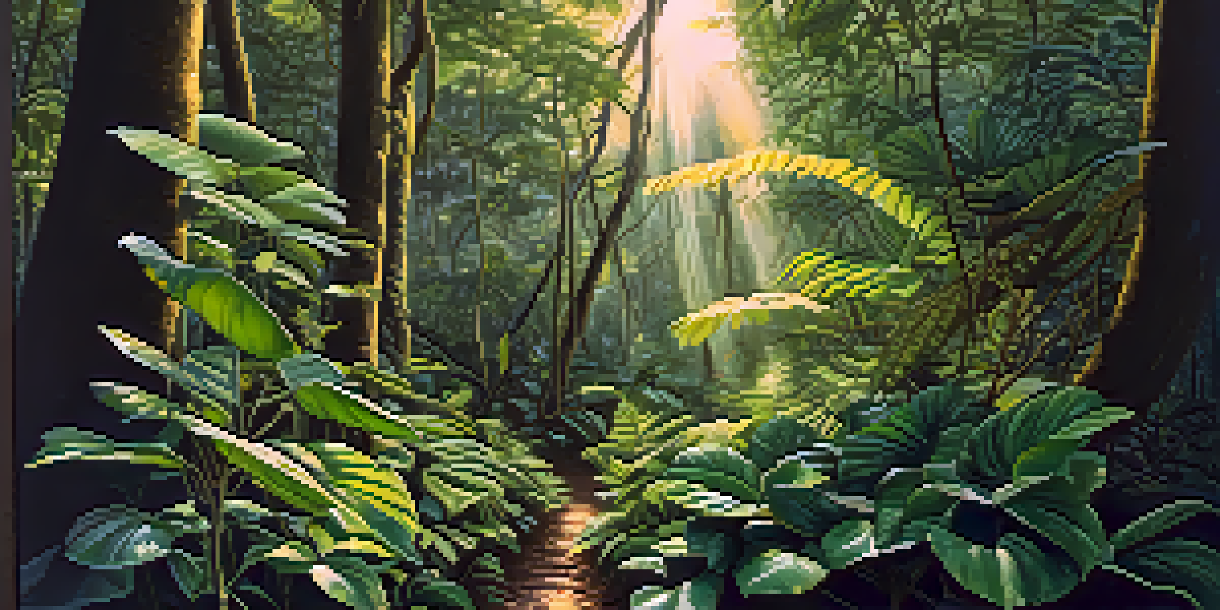 A tranquil scene in the Amazon rainforest featuring intertwined vines and leaves, with sunlight filtering through the trees.
