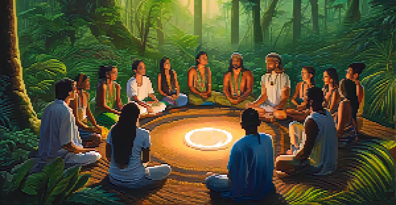 A group of people in a circle during an Ayahuasca ceremony in a lush jungle setting.