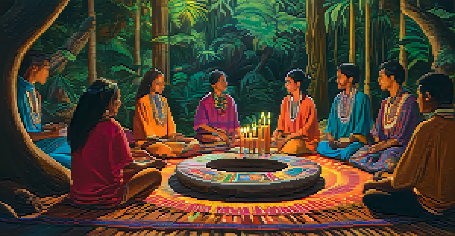 An intimate Ayahuasca ceremony setup with a ceremonial table, candles, and participants seated in a circle under warm lighting.