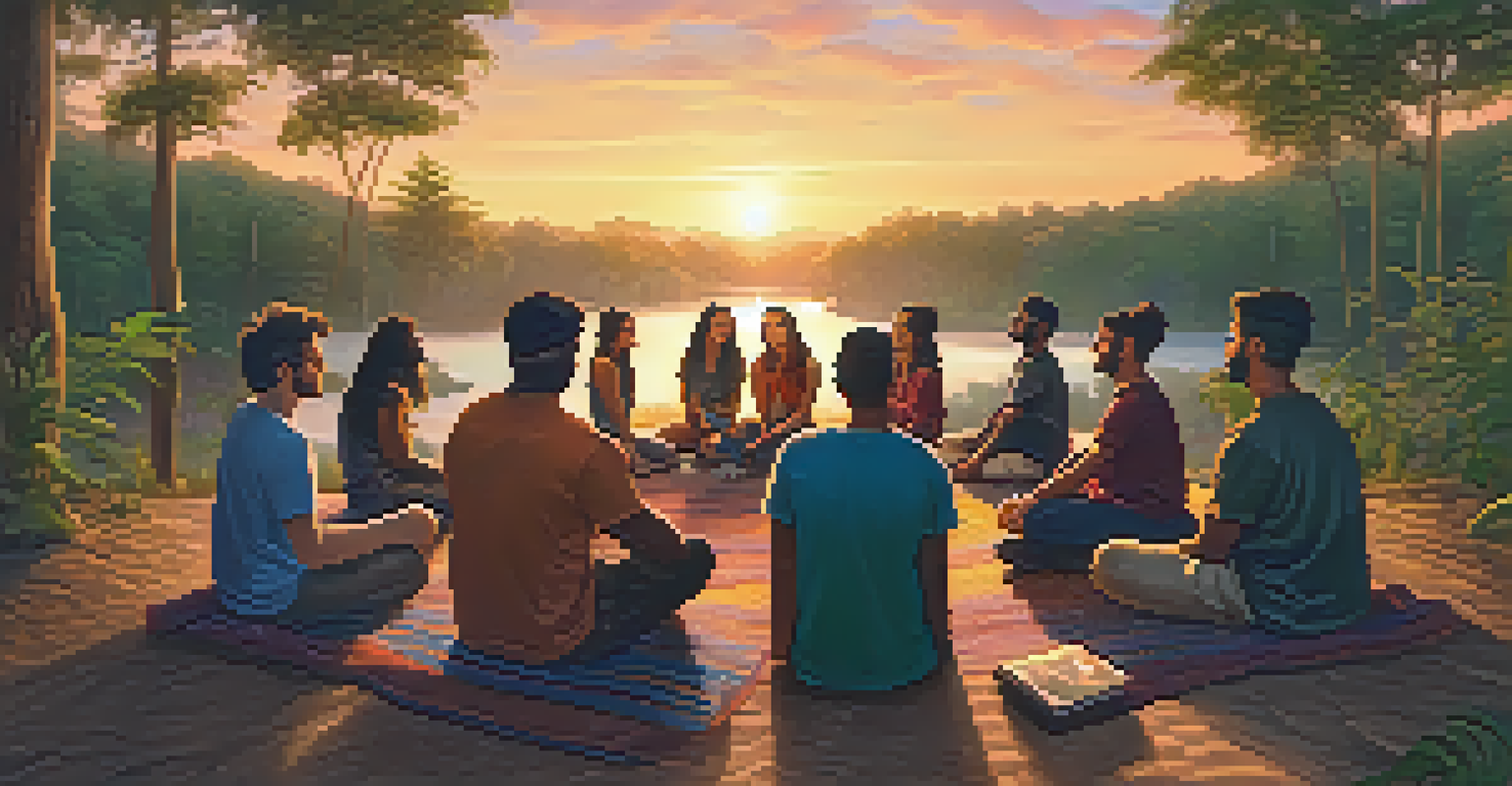 Participants engaged in a sharing circle during an integration session after an Ayahuasca retreat, against a sunset backdrop.