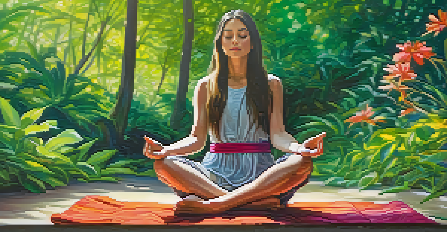 A close-up of a person meditating outdoors, surrounded by vibrant green leaves and colorful flowers, with a peaceful expression.