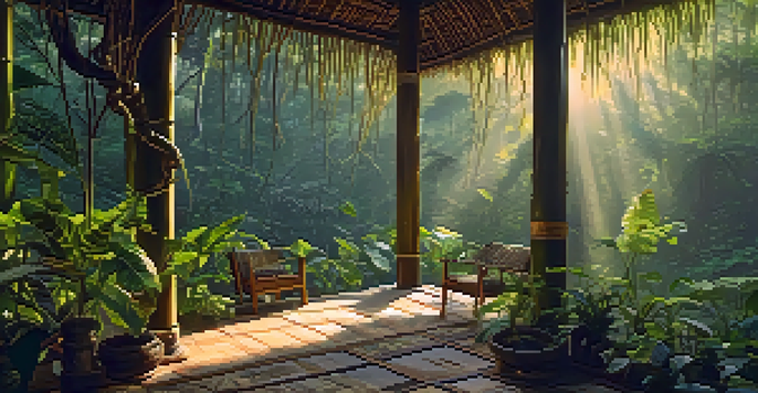 A peaceful scene in the Amazon rainforest with the Banisteriopsis caapi vine, morning light, and a ceremonial space.