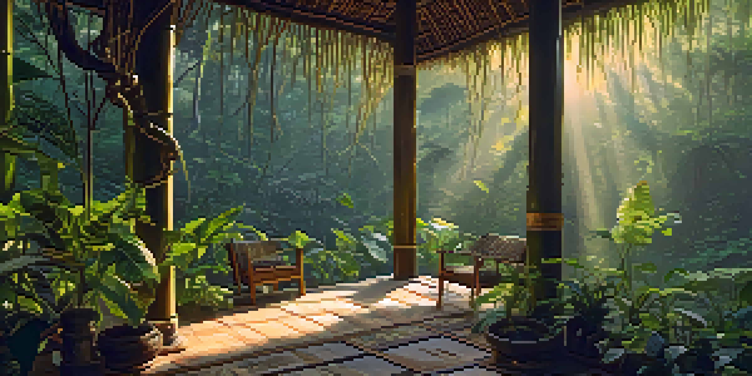 A peaceful scene in the Amazon rainforest with the Banisteriopsis caapi vine, morning light, and a ceremonial space.