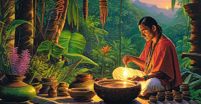 A shaman preparing ayahuasca in the Amazon rainforest at dusk, surrounded by lush greenery and colorful flowers.