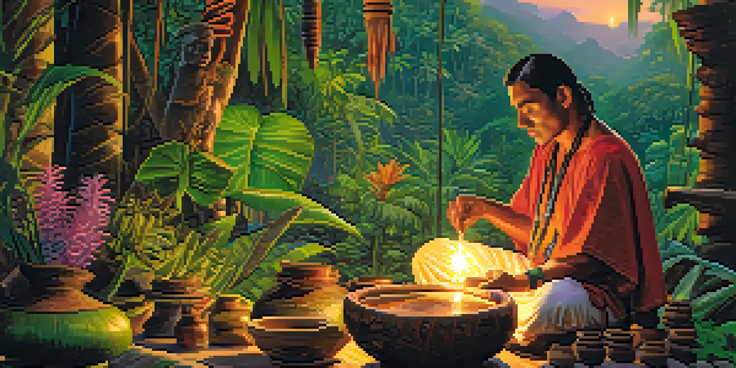 A shaman preparing ayahuasca in the Amazon rainforest at dusk, surrounded by lush greenery and colorful flowers.
